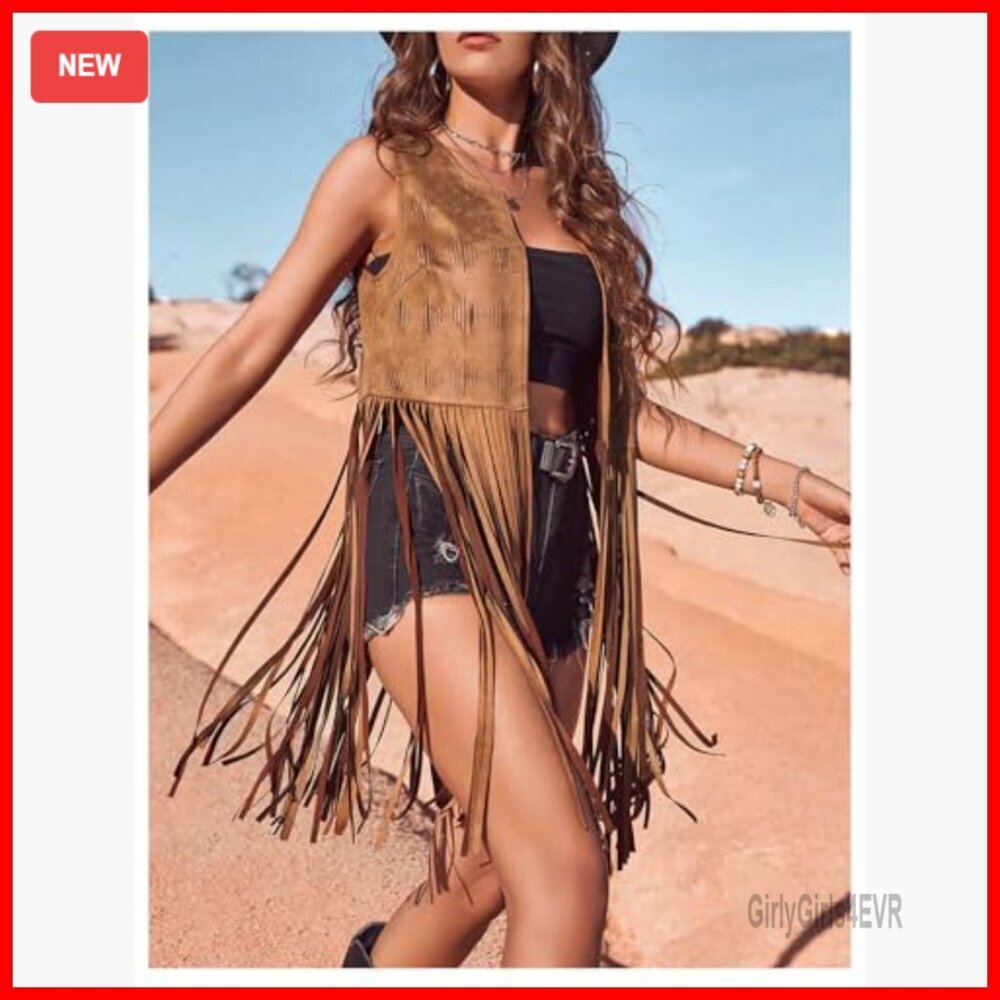 Faux Suede Fringe Vest Sleeveless Western Chic Crop Tassel Jacket - Picture 3 of 7